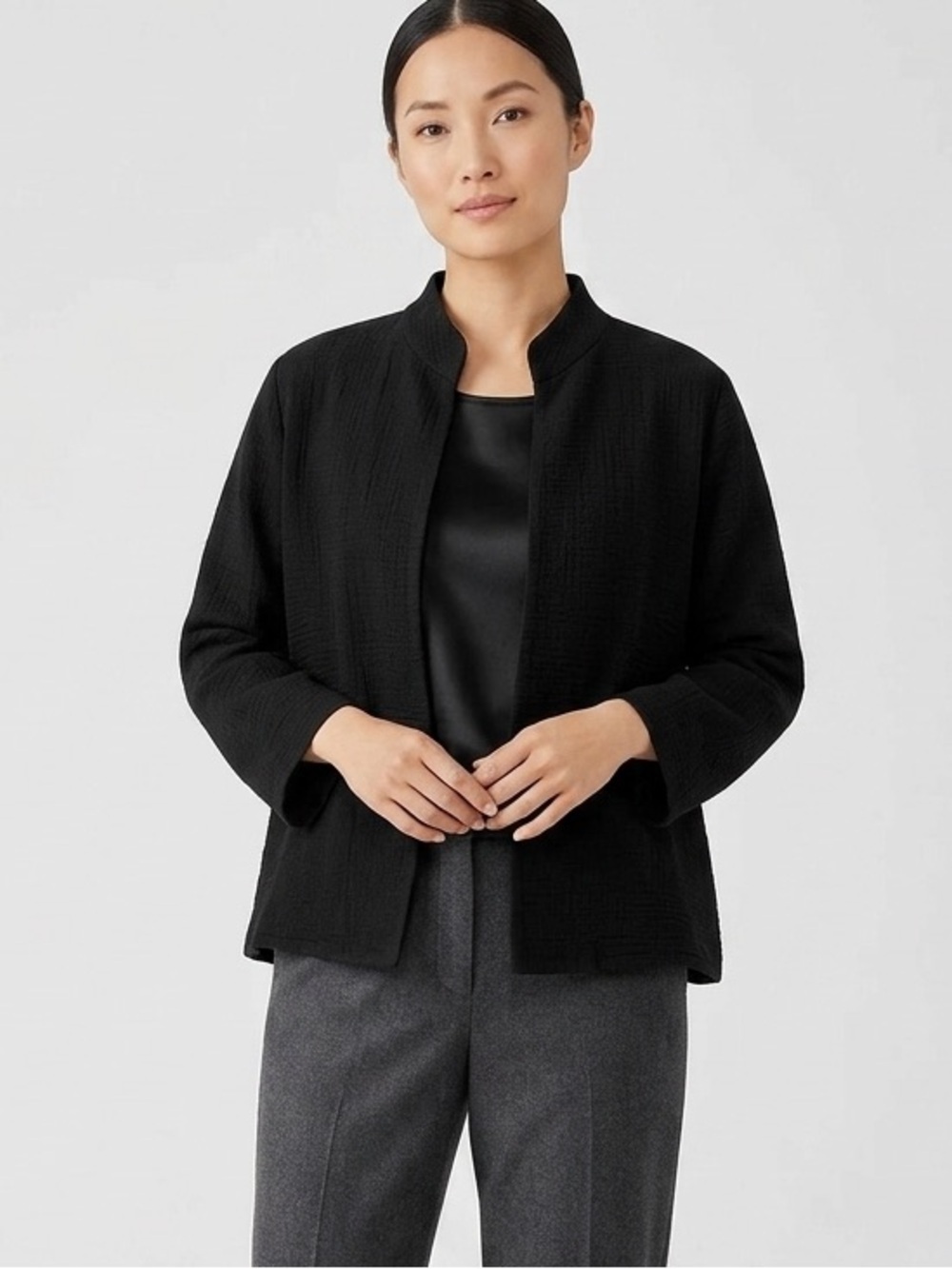 Eileen Fisher Black Open-Front Collarless Jacket with Gray Trousers SZ petite PS